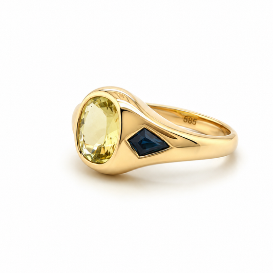 Helia - Yellow Beryl & Blue Sapphire Signet Ring in 14ct Yellow Gold
