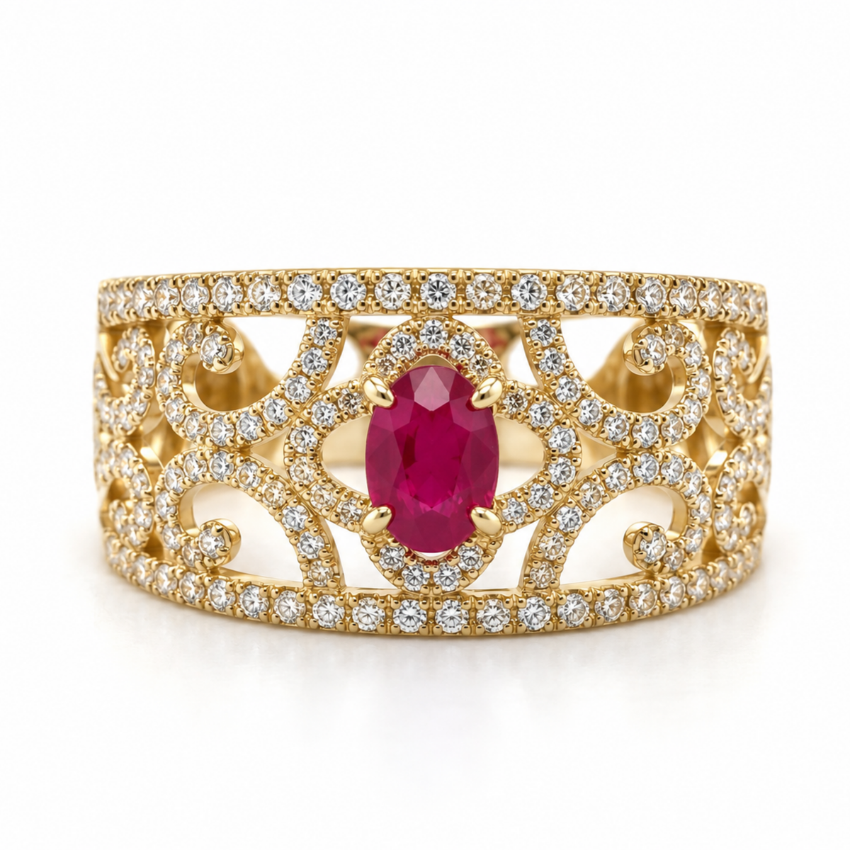 Aisha ruby and diamond filigree ring in 18ct yellow gold