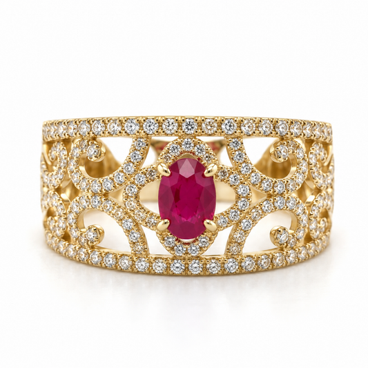 Aisha ruby and diamond filigree ring in 18ct yellow gold