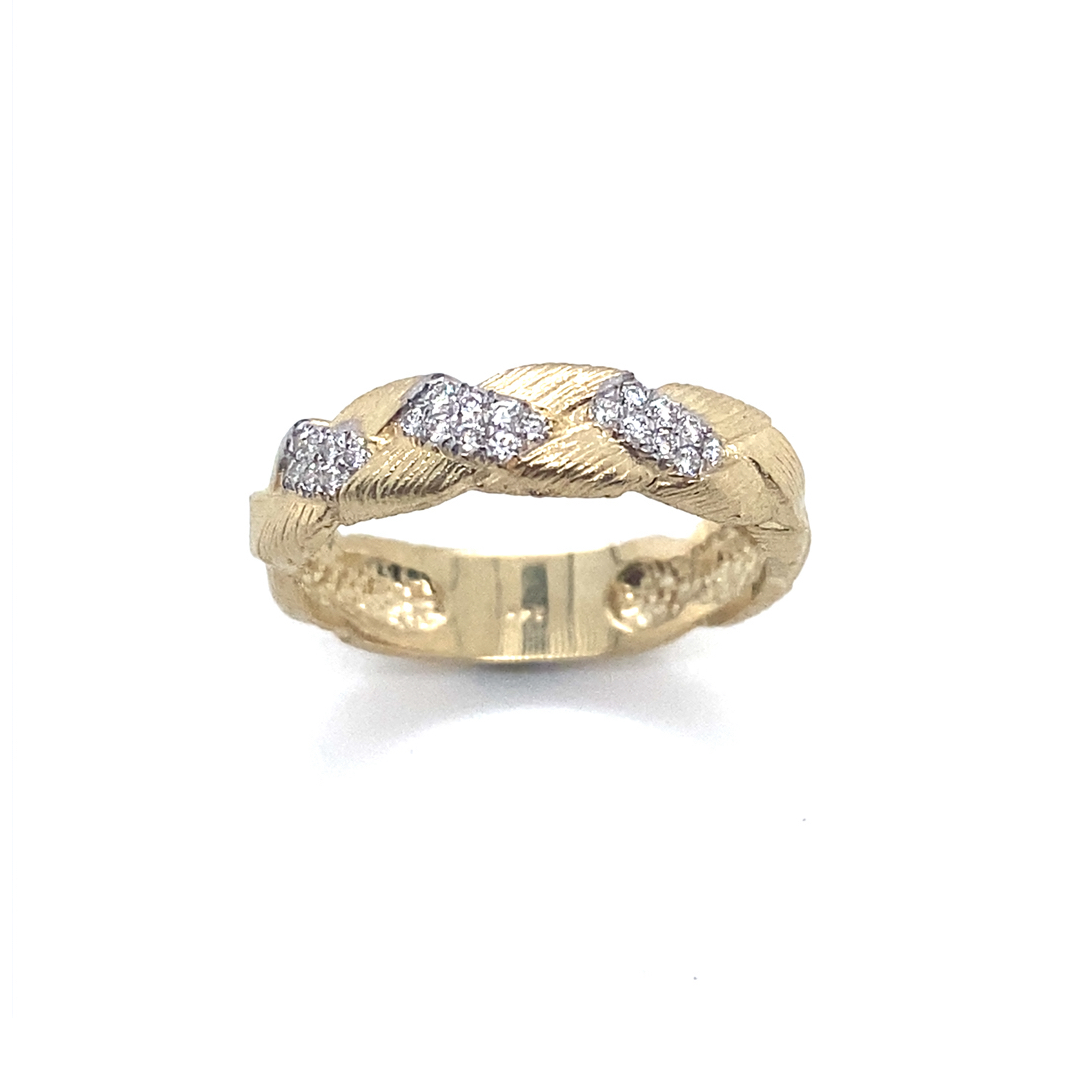 14kt gold diamond dress ring with basket weave texture
