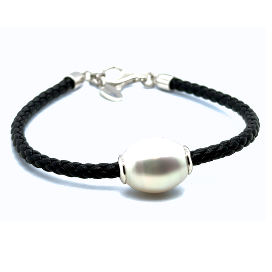 South Sea Autore pearl on black leather bracelet with sterling silver accents.”