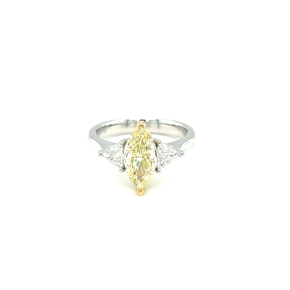 Fancy Yellow Marquise diamond and trilliant cut diamond ring in 18kt yellow and white gold_Diamonds supplied by customer - Paddington Jeweller - OJ Co