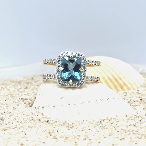 Santa Maria aquamarine gemstone ring styled to highlight saturated blue colour and refined design.