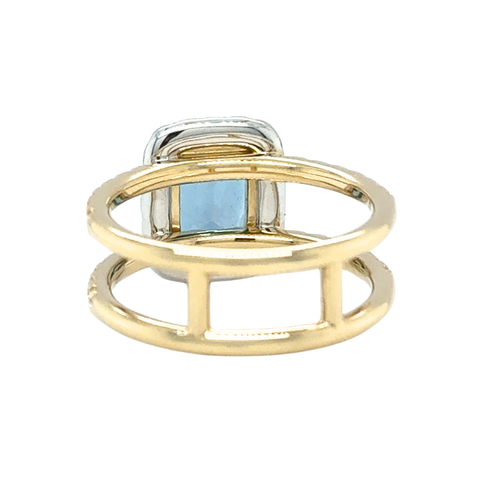 rear view of Santa Maria aquamarine ring showing diamond pavé shoulders and yellow gold band.