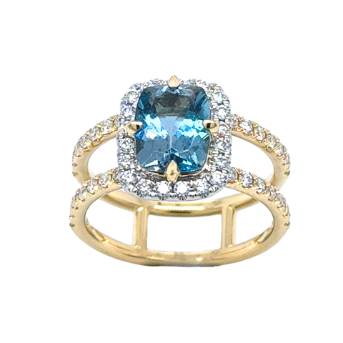Top view of Santa Maria aquamarine ring highlighting cushion-cut stone and diamond halo.