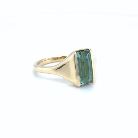 Emerald cut blue tourmaline gemstone ring