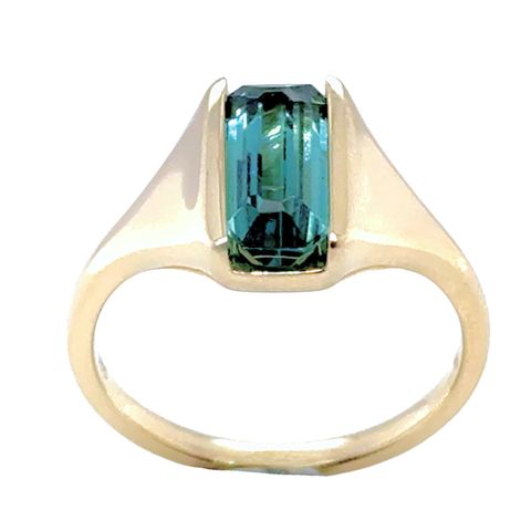 Emerald cut blue tourmaline gemstone ring