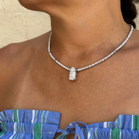 Radiant and pentagonal cut lab-grown diamonds in platinum pendant