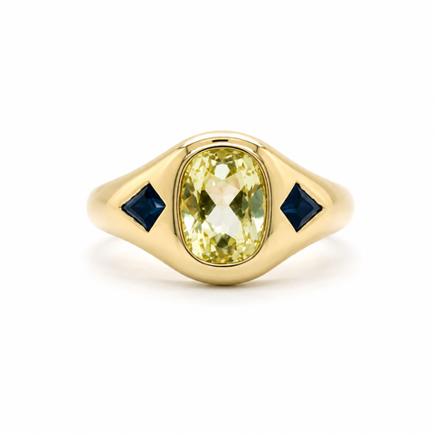 Helia - Yellow Beryl & Blue Sapphire Signet Ring in 14ct Yellow Gold