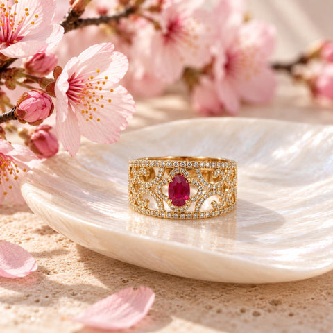 18ct yellow gold Aisha ring with oval ruby and diamond filigree detail
