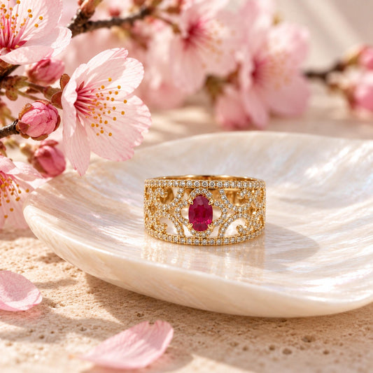 18ct yellow gold Aisha ring with oval ruby and diamond filigree detail