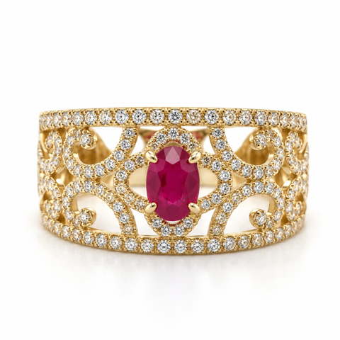 Aisha ruby and diamond filigree ring in 18ct yellow gold