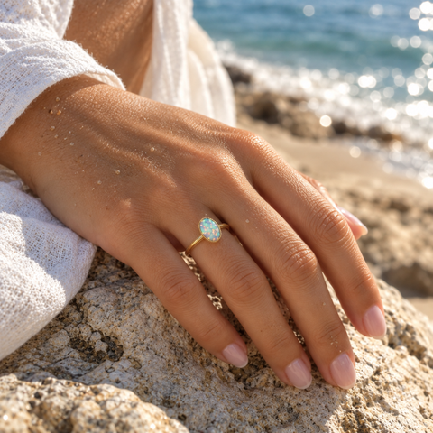 Oval Australian opal ring worn in 14kt yellow gold