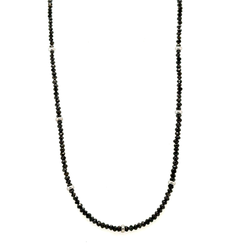 Black diamond strand necklace with white gold clasp shown in full length