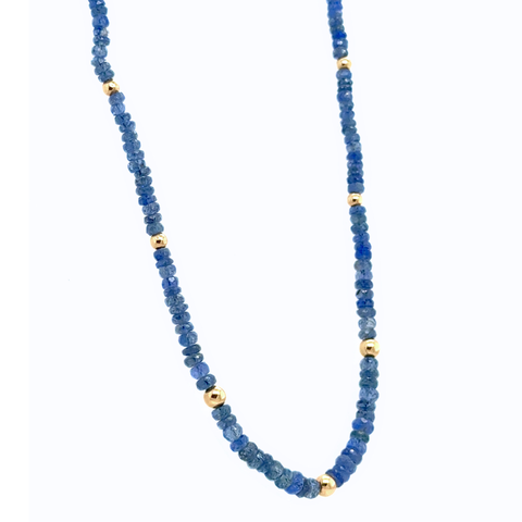 Burmese sapphire strand necklace with 14kt gold rondels, available in 90ct or 35ct