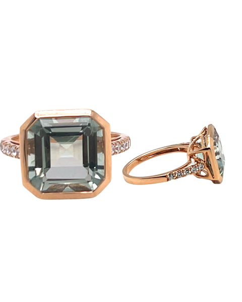 Front view of 5.50ct green amethyst ring with diamond accents in rose gold setting