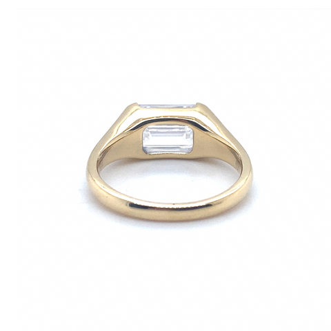 bezel set emerald cut diamond ring rear view