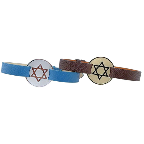 Leather bracelet with Star of David plaque in silver and gold tones