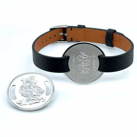 Leather bracelet with medical alert plaque in silver from Identity Collection