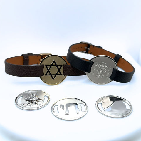 Interchangeable leather bracelet with silver symbol plaques and custom engraving options