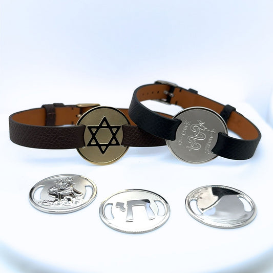 Interchangeable leather bracelet with silver symbol plaques and custom engraving options