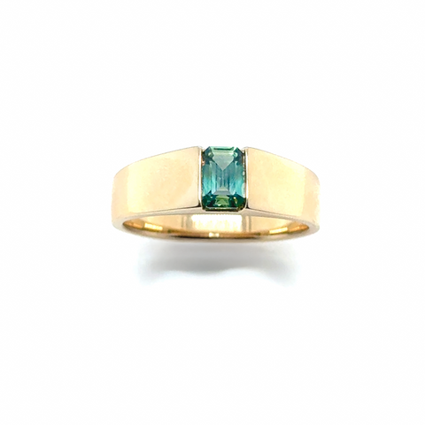 Lucien fantasy inspired ring featuring emerald cut Australian parti colour sapphire in 14kt yellow gold