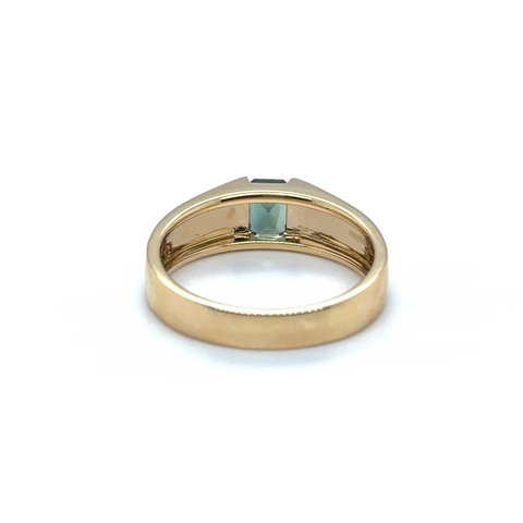 Lucien fantasy inspired ring featuring emerald cut Australian parti colour sapphire in 14kt yellow gold