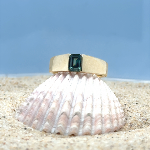 Lucien fantasy inspired ring featuring emerald cut Australian parti colour sapphire in 14kt yellow gold