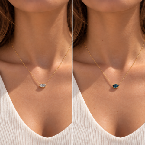 Marquise Aroha necklace worn in 14kt yellow gold