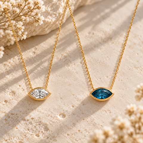 Marquise Aroha gemstone slider necklace styled on natural stone