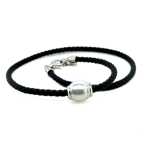 Nyla double wrap leather bracelet with 12mm South Sea Autore pearl and silver clasp.