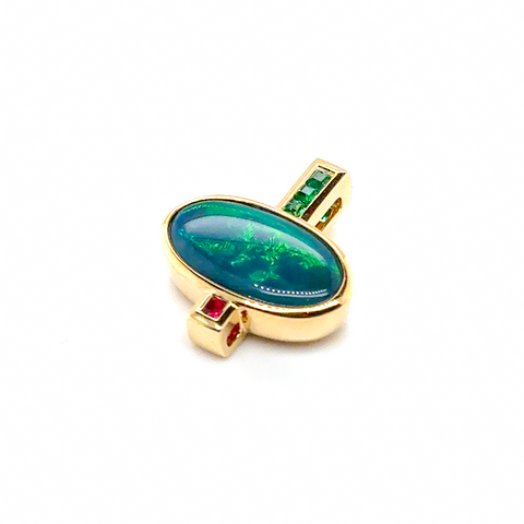 Semi-black opal necklace featuring green, yellow and orange flashes