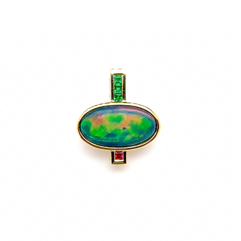 Australian semi-black opal pendant set in 18kt yellow gold