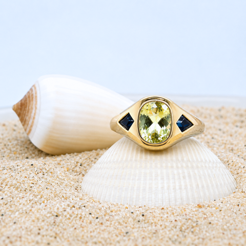 Helia - Yellow Beryl & Blue Sapphire Signet Ring in 14ct Yellow Gold