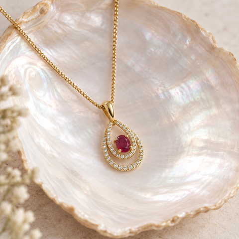 Joy – Ruby & Diamond Pendant in Yellow Gold