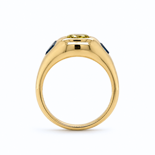 Helia - Yellow Beryl & Blue Sapphire Signet Ring in 14ct Yellow Gold