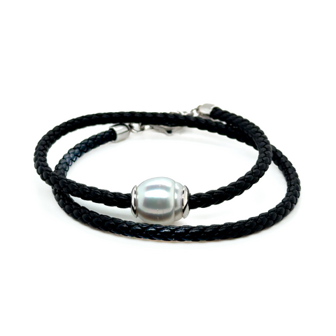 Nyla double wrap bracelet coiled to show leather texture and 12mm South Sea pearl.
