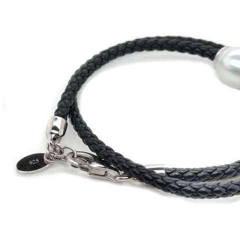 Black leather double wrap bracelet with round South Sea pearl and silver components.