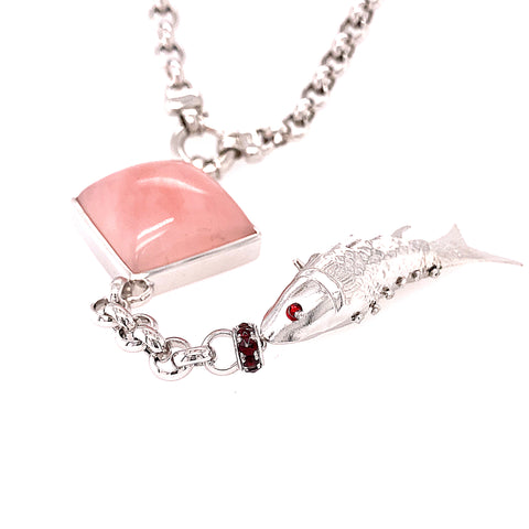 Custom Made  for Polly - Rose Quartz, fish motif and Garnet rondelle lariat necklace in Sterling Silver Rolo chain(customer supply all stones) -  Paddington Jeweller - OJ Co