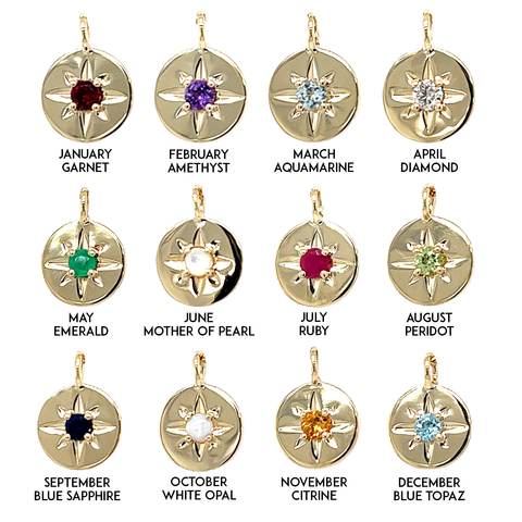 A collection of gold birthstone pendants, each featuring a different month's birthstone, displayed against a white background.
