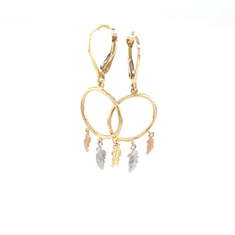 9kt Yellow, White & Rose Gold Circle with Feathers Drop Earrings -  Paddington Jeweller - Ojco