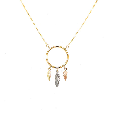 9kt Yellow, White and Rose Gold Circle with Feathers Necklet -  Paddington Jeweller - OJ Co
