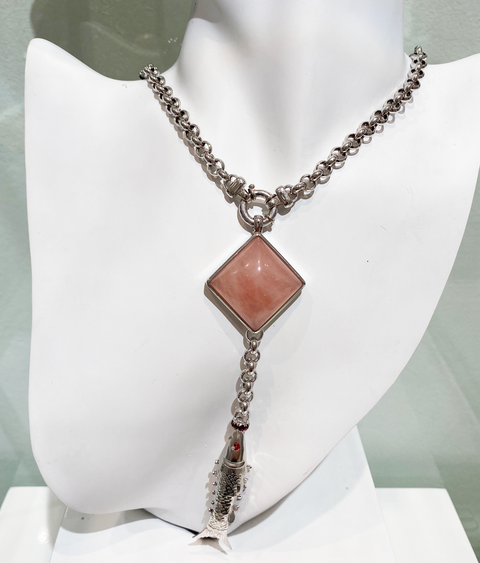Custom Made  for Polly - Rose Quartz, fish motif and Garnet rondelle lariat necklace in Sterling Silver Rolo chain(customer supply all stones) -  Paddington Jeweller - OJ Co