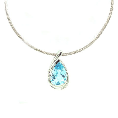 Custom Made for Natalie - 9kt white gold pear shape blue topaz and diamond pendant on a 9kt white gold cable chain -  Paddington Jeweller - OJ Co